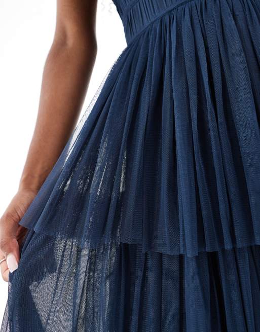 Lace & Beads Bridesmaid ruffle tiered tulle maxi dress in navy, 4 of 4