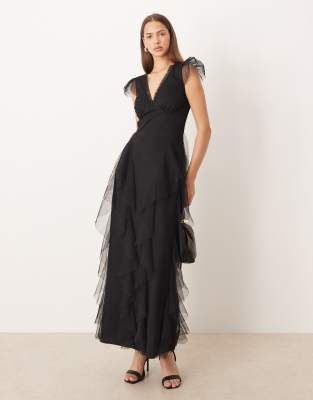 Lace & Beads Bridesmaid Sheer Cap Sleeve Ruffle Maxi Dress In Black