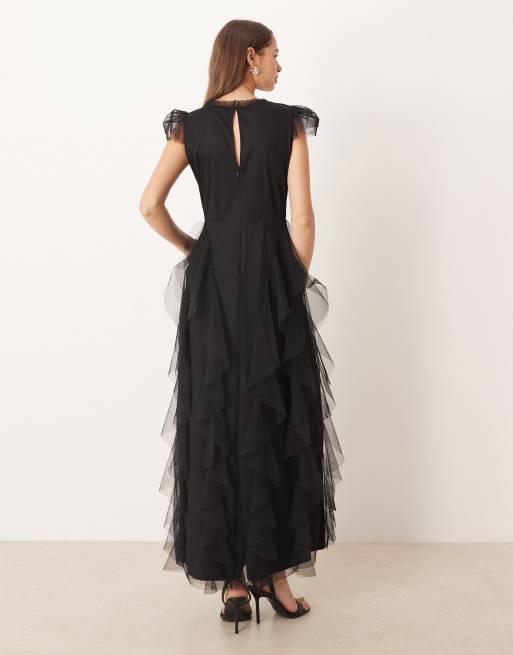 Lace & Beads Bridesmaid sheer cap sleeve ruffle maxi dress in black, 2 of 4