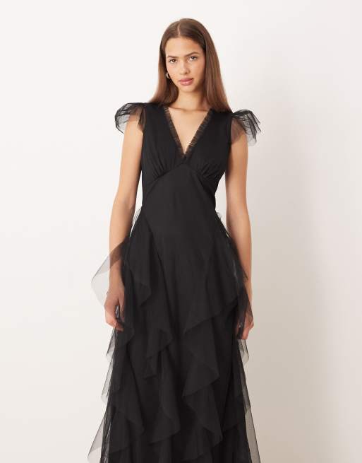 Lace & Beads Bridesmaid sheer cap sleeve ruffle maxi dress in black, 3 of 4