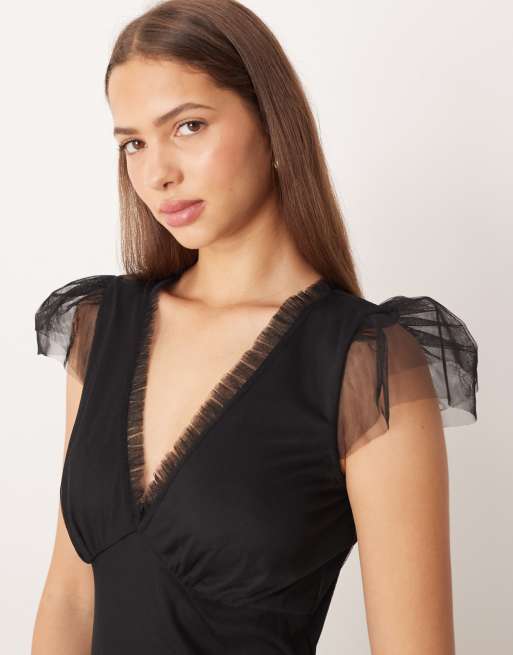Lace & Beads Bridesmaid sheer cap sleeve ruffle maxi dress in black, 4 of 4