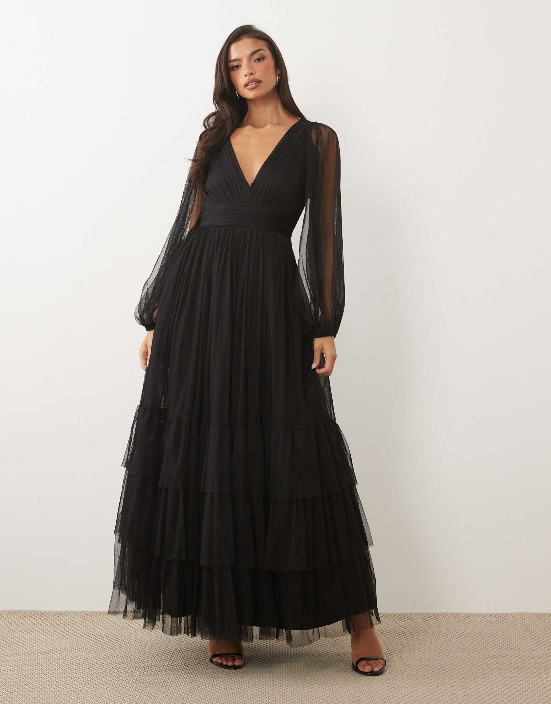 lace & beads bridesmaid sheer mesh sleeve plunge neck tiered maxi dress in black