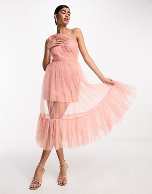 Lace & Beads Bridesmaid Sheer One Shoulder Tulle Midi Dress In Blush-pink