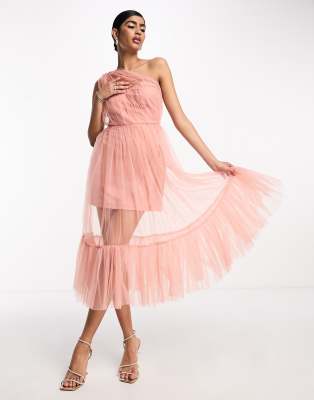 Lace & beads tulle midi shop dress with 3d shirring detail