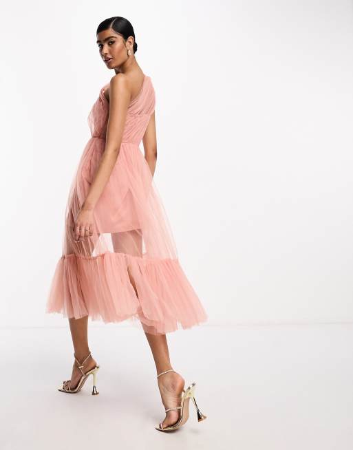 Lace & Beads Bridesmaid sheer one shoulder tulle midi dress in blush