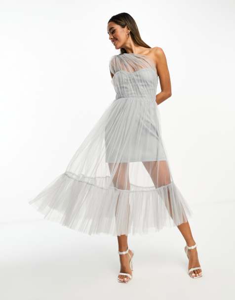 Lace & Beads ruffle hem tulle corset midaxi dress in ivory