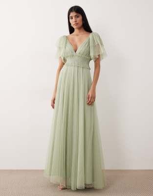 Lace & Beads Bridesmaid Shelby Tulle Flutter Sleeve Shirred Waist Maxi Dress In Green