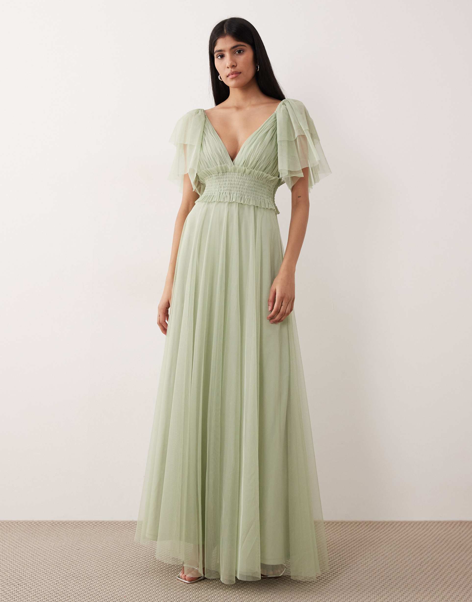 lace & beads bridesmaid shelby tulle flutter sleeve shirred waist maxi dress in sage green
