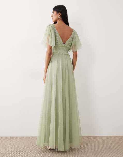 Lace & Beads Bridesmaid Shelby tulle flutter sleeve shirred waist maxi dress in sage green - view 1