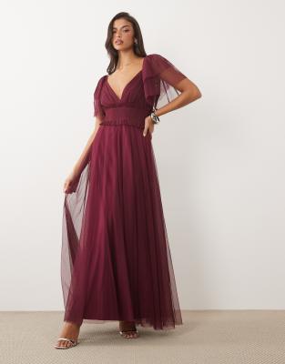 Lace & Beads Bridesmaid Shirred Waist V Neck Mesh Flutter Sleeve Maxi Dress In Red