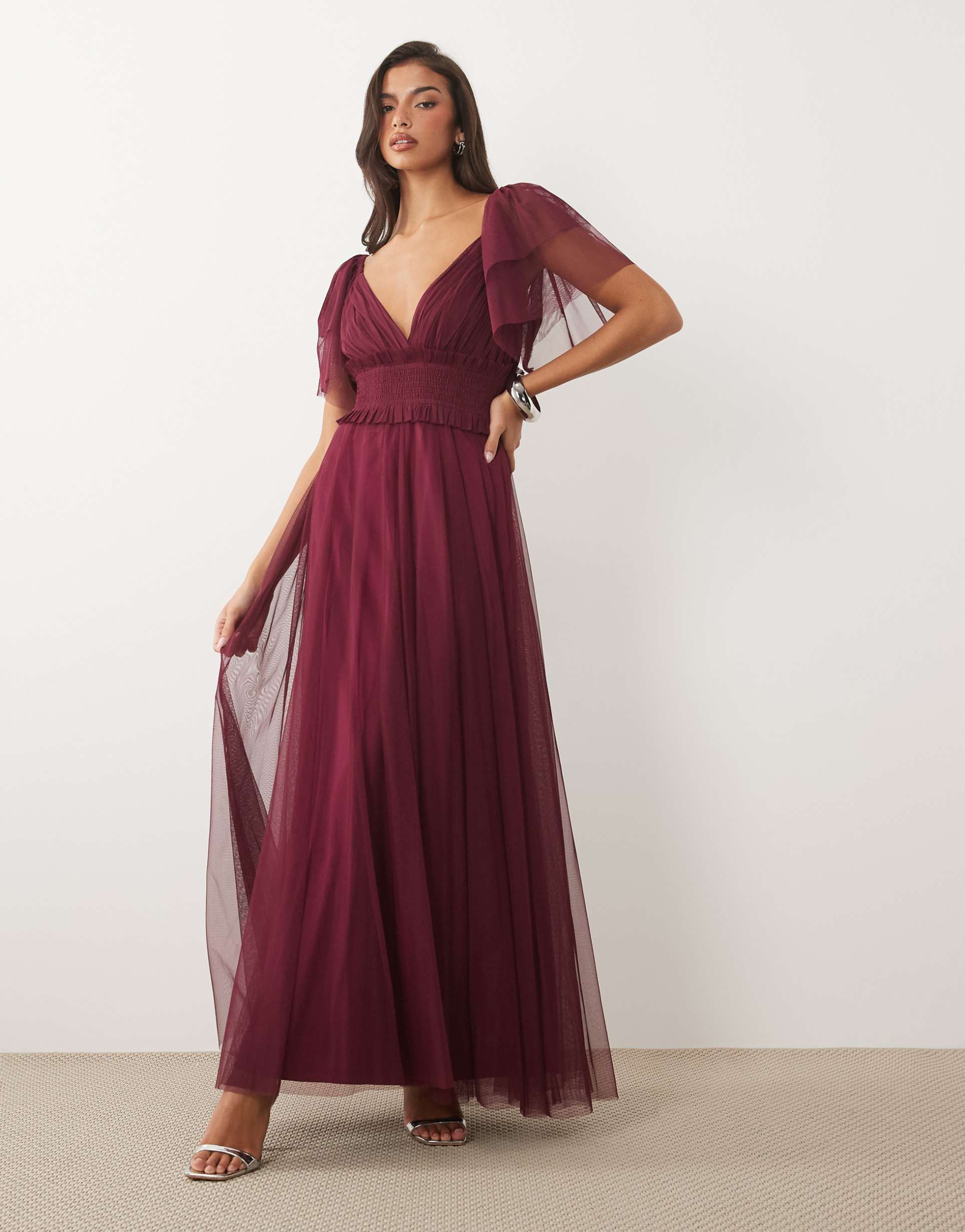 lace & beads bridesmaid shirred waist v neck mesh flutter sleeve maxi dress in fig