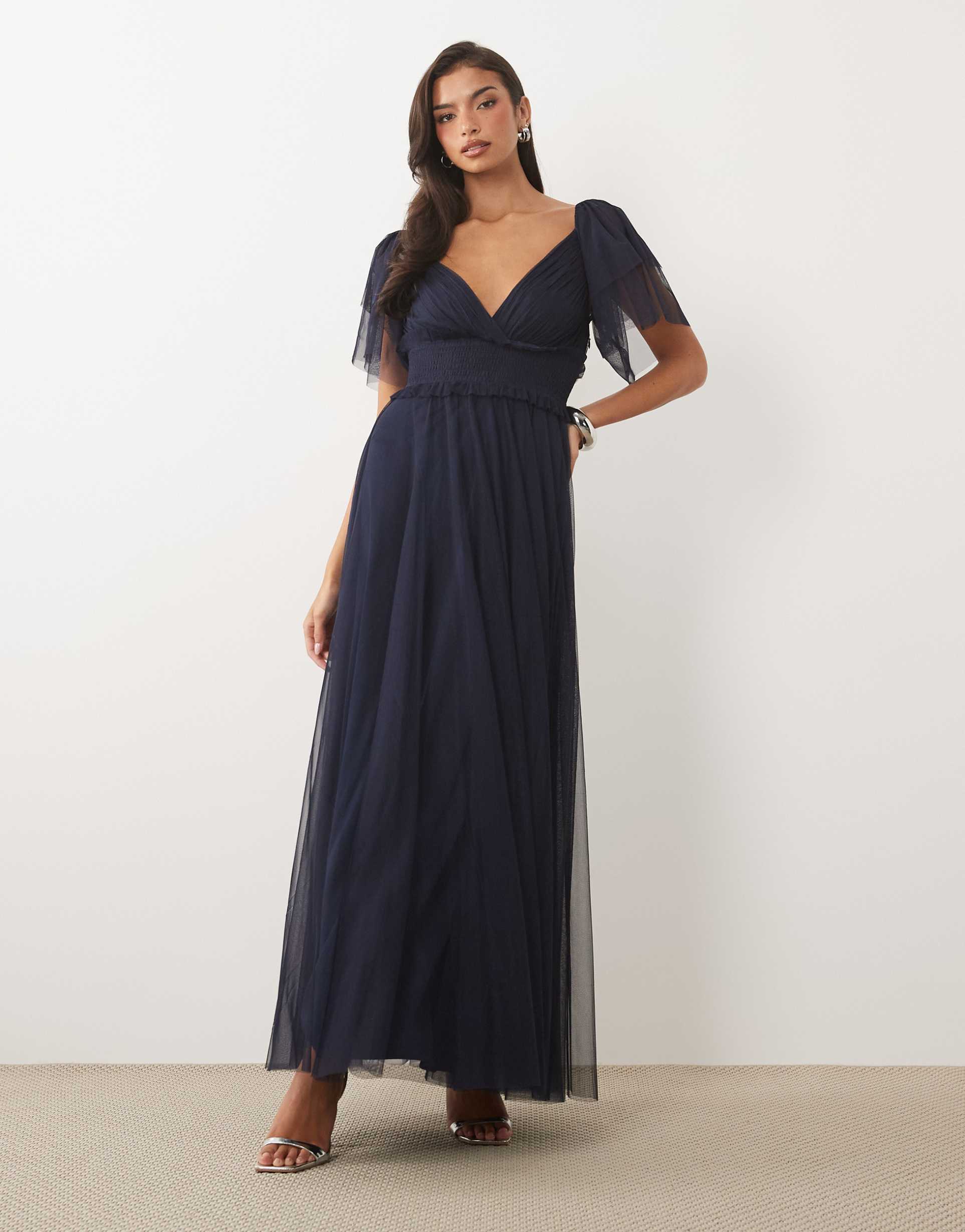 lace & beads bridesmaid shirred waist v neck mesh flutter sleeve maxi dress in navy