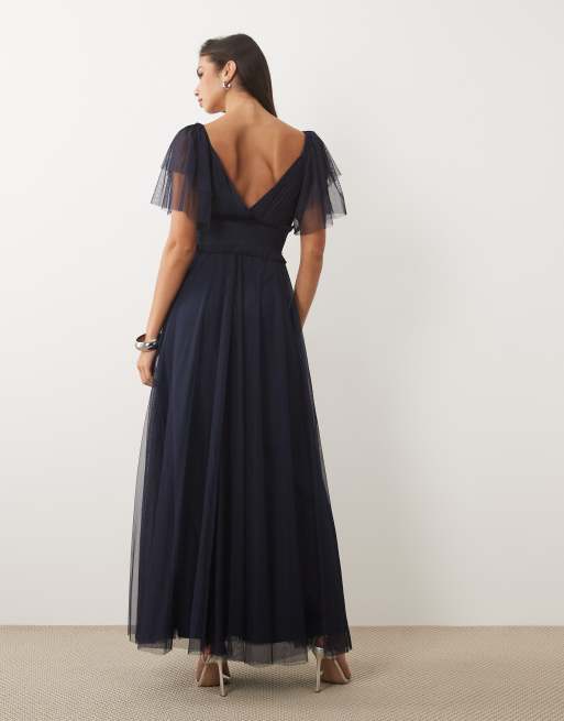 Lace & Beads Bridesmaid shirred waist v neck mesh flutter sleeve maxi dress in navy, 3 of 4
