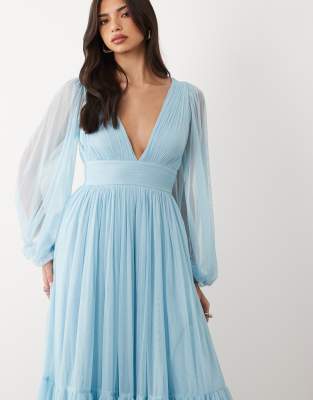 Lace & Beads Bridesmaid Smocked Madison Long Sleeve Maxi Dress In Blue