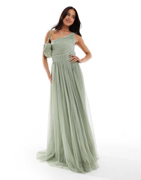 Lace & Beads Bridesmaid – Sukienka maxi na jedno ramię dla druhny w zgaszonym kolorze szałwii - view 1