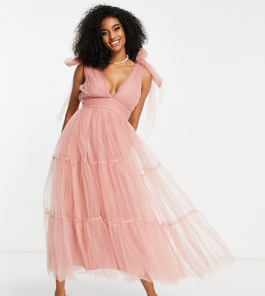 Lace & Beads Bridesmaid tiered midaxi dress in blush-Pink