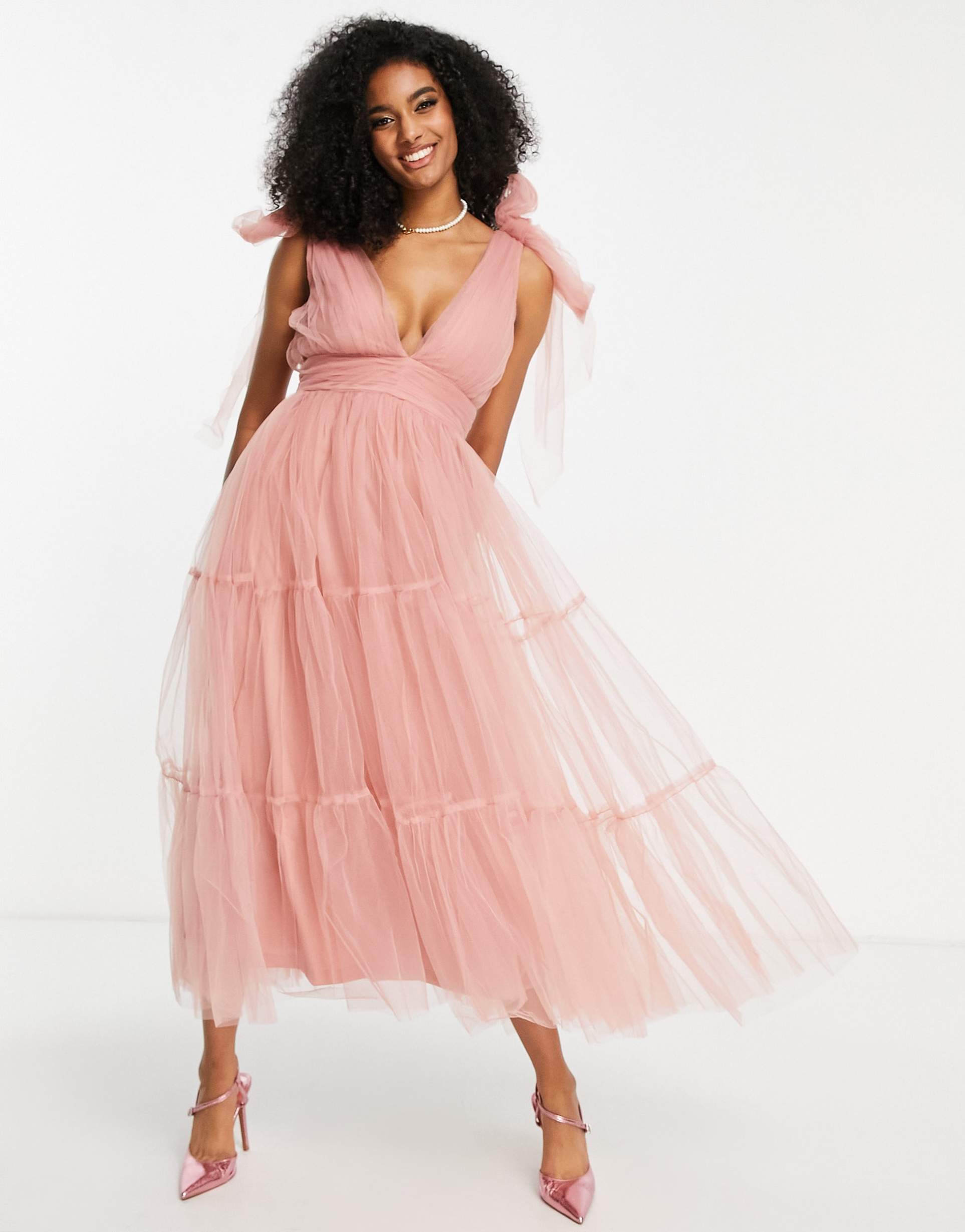 lace & beads bridesmaid tiered midaxi dress in blush