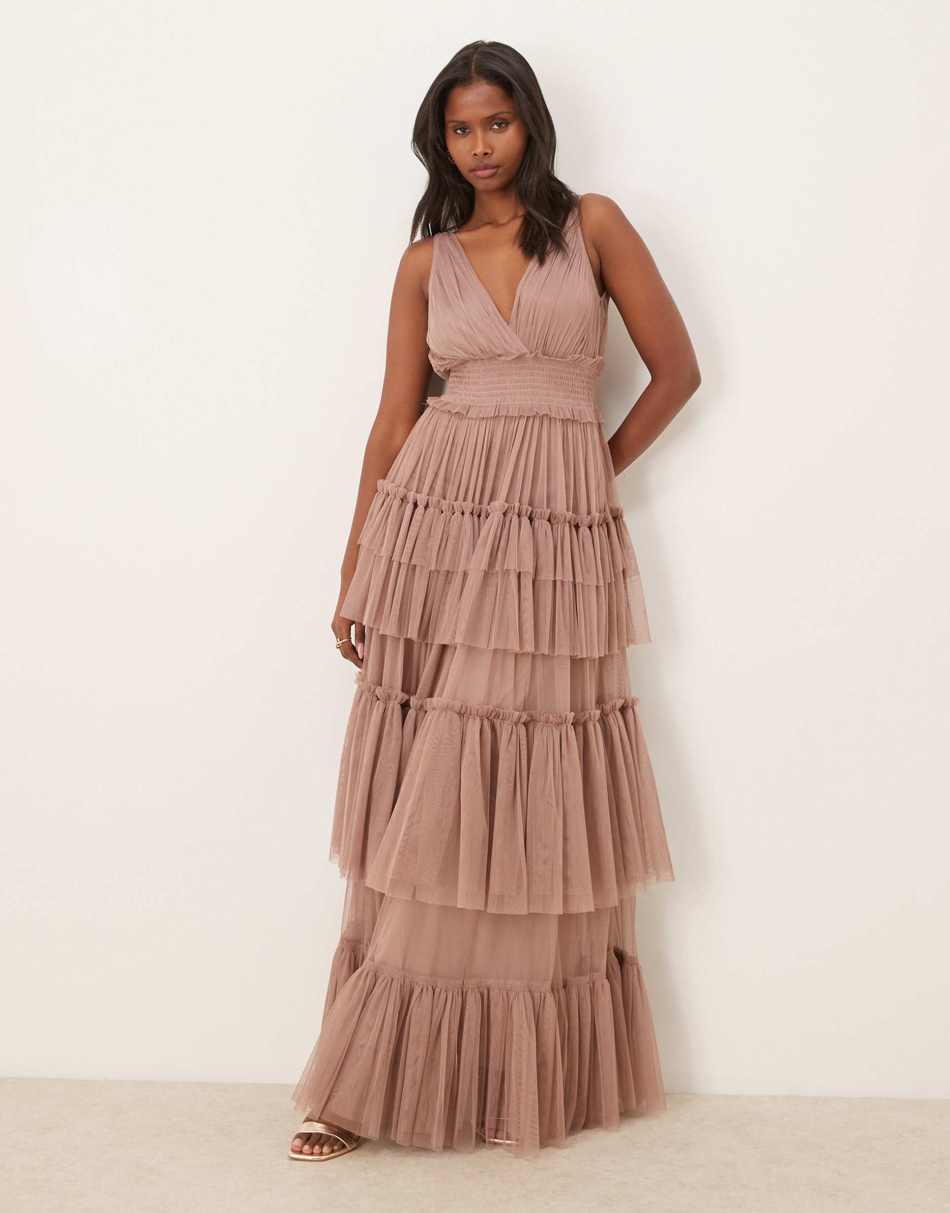 lace & beads bridesmaid tiered tulle maxi dress in taupe