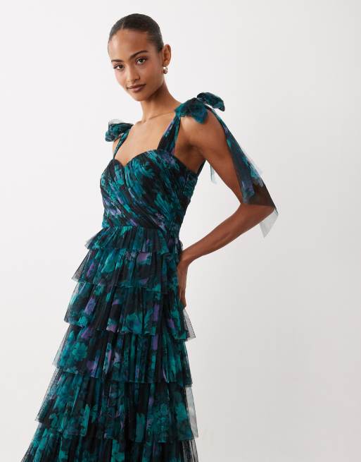 Lace & Beads Bridesmaid tulle bow shoulder maxi dress in dark green floral, 2 of 4