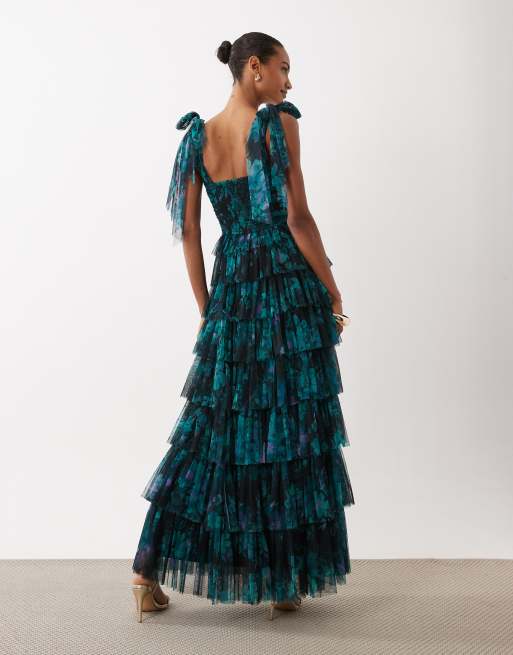 Lace & Beads Bridesmaid tulle bow shoulder maxi dress in dark green floral, 3 of 4