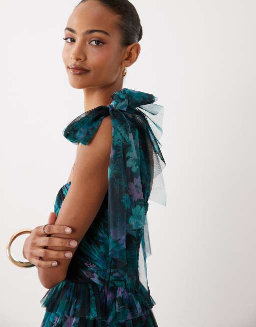 Lace & Beads Bridesmaid tulle bow shoulder maxi dress in dark green floral, 4 of 4