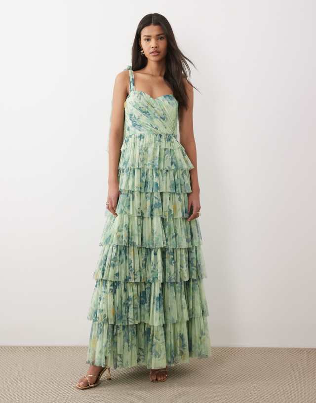 aligne green bow dress Lace & Beads Bridesmaid tulle shoulder maxi in sage print Elegant Modest