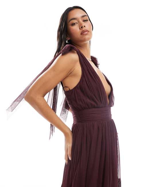 Lace & Beads Bridesmaid tulle bow shoulder v neck midi dress in plum, 2 of 4
