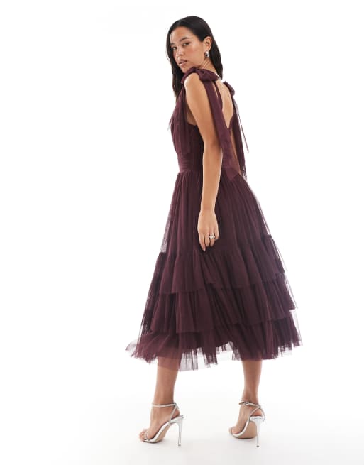 Lace & Beads Bridesmaid tulle bow shoulder v neck midi dress in plum, 4 of 4