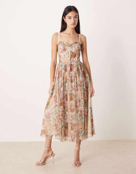 Lace & Beads Bridesmaid tulle corset midi dress in soft brown floral - view 1
