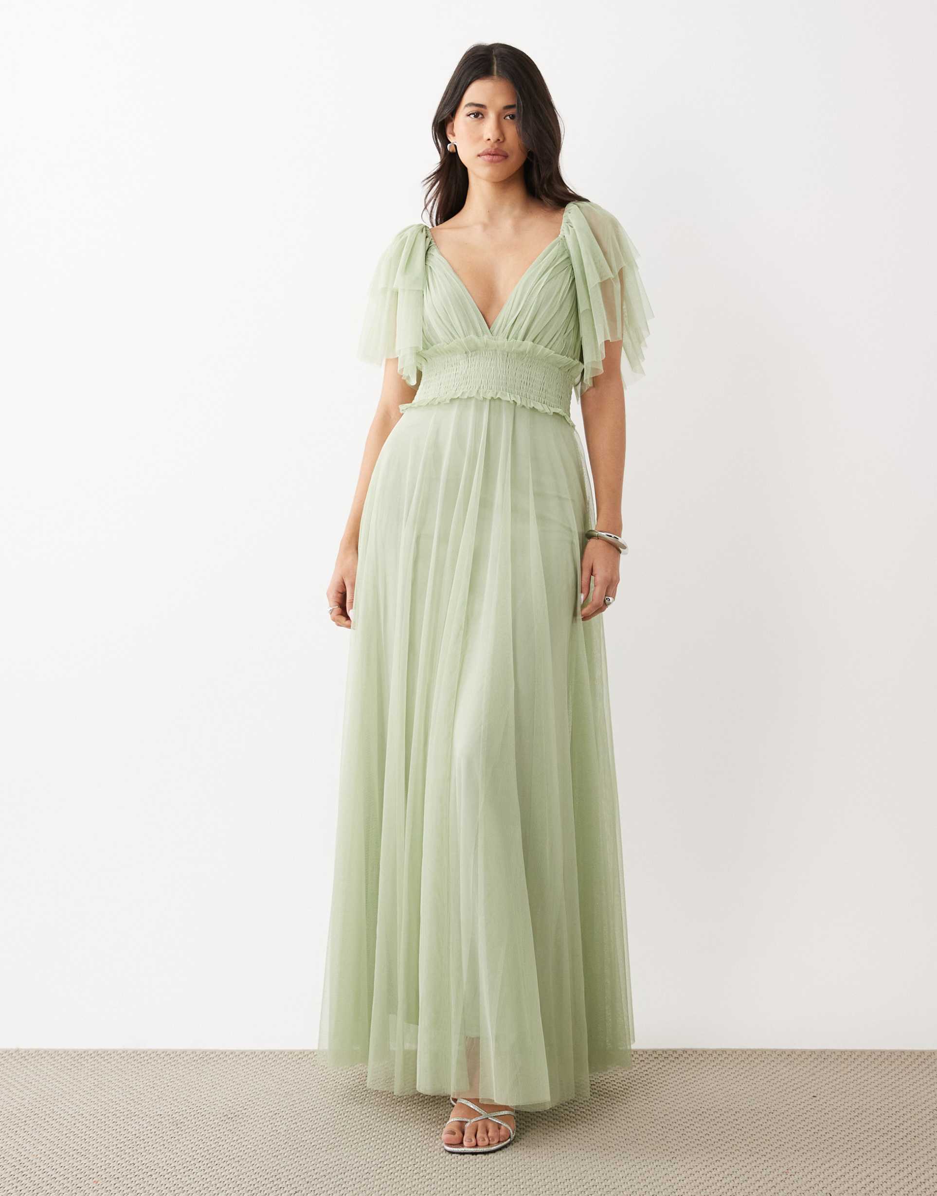 lace & beads bridesmaid tulle flutter sleeve shirred waist maxi dress in sage green