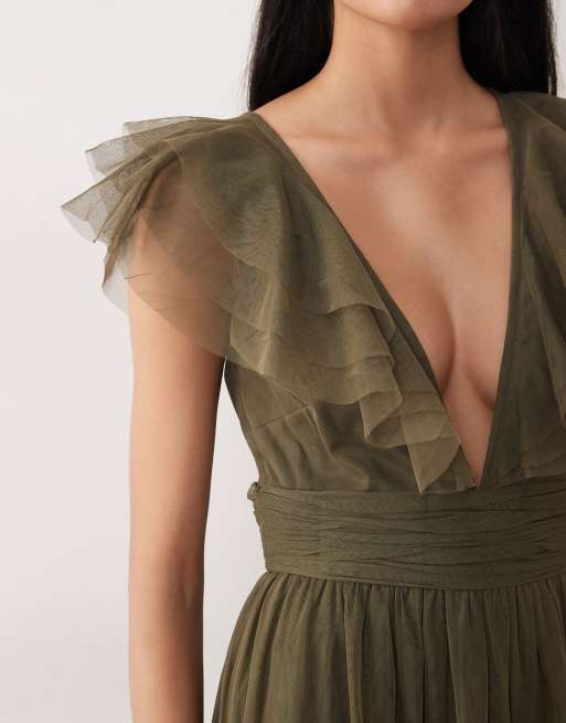 Lace & Beads Bridesmaid tulle flutter sleeve tiered frill maxi dress in deep olive, 3 of 4