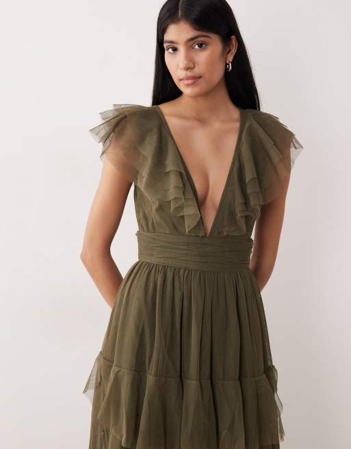 Lace & Beads Bridesmaid tulle flutter sleeve tiered frill maxi dress in deep olive, 4 of 4