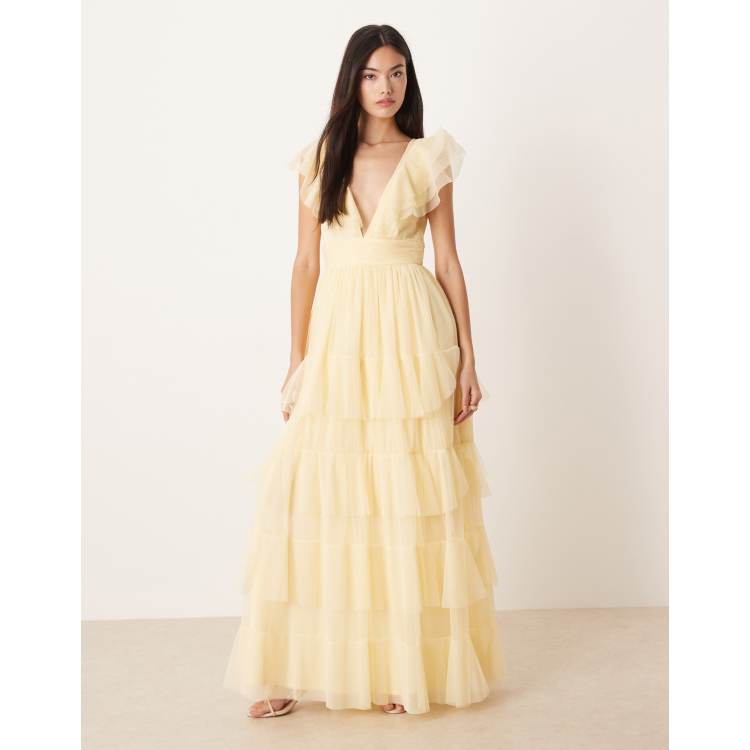 Lace & Beads Bridesmaid tulle flutter sleeve tiered frill maxi