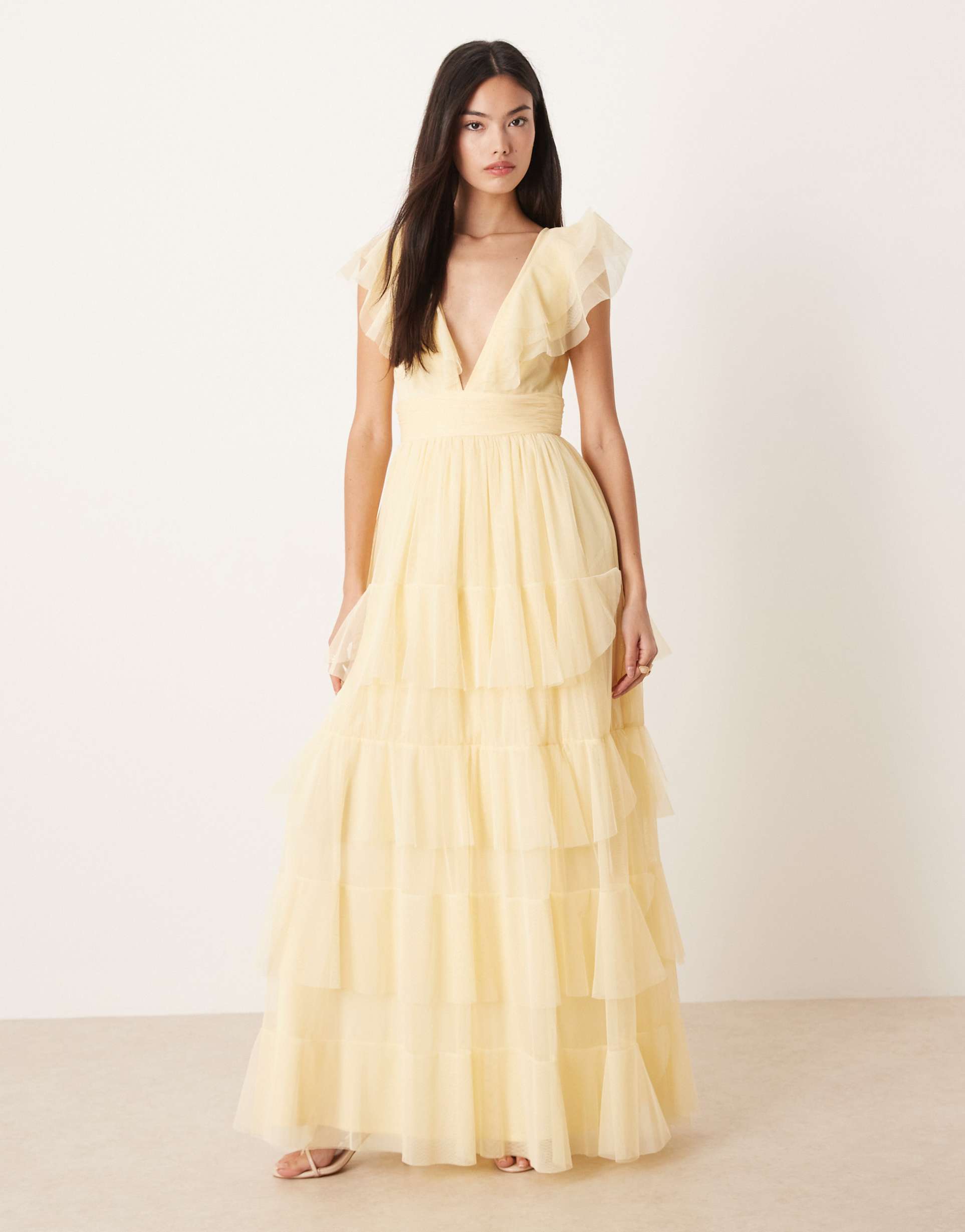 lace & beads bridesmaid tulle flutter sleeve tiered frill maxi dress in lemon