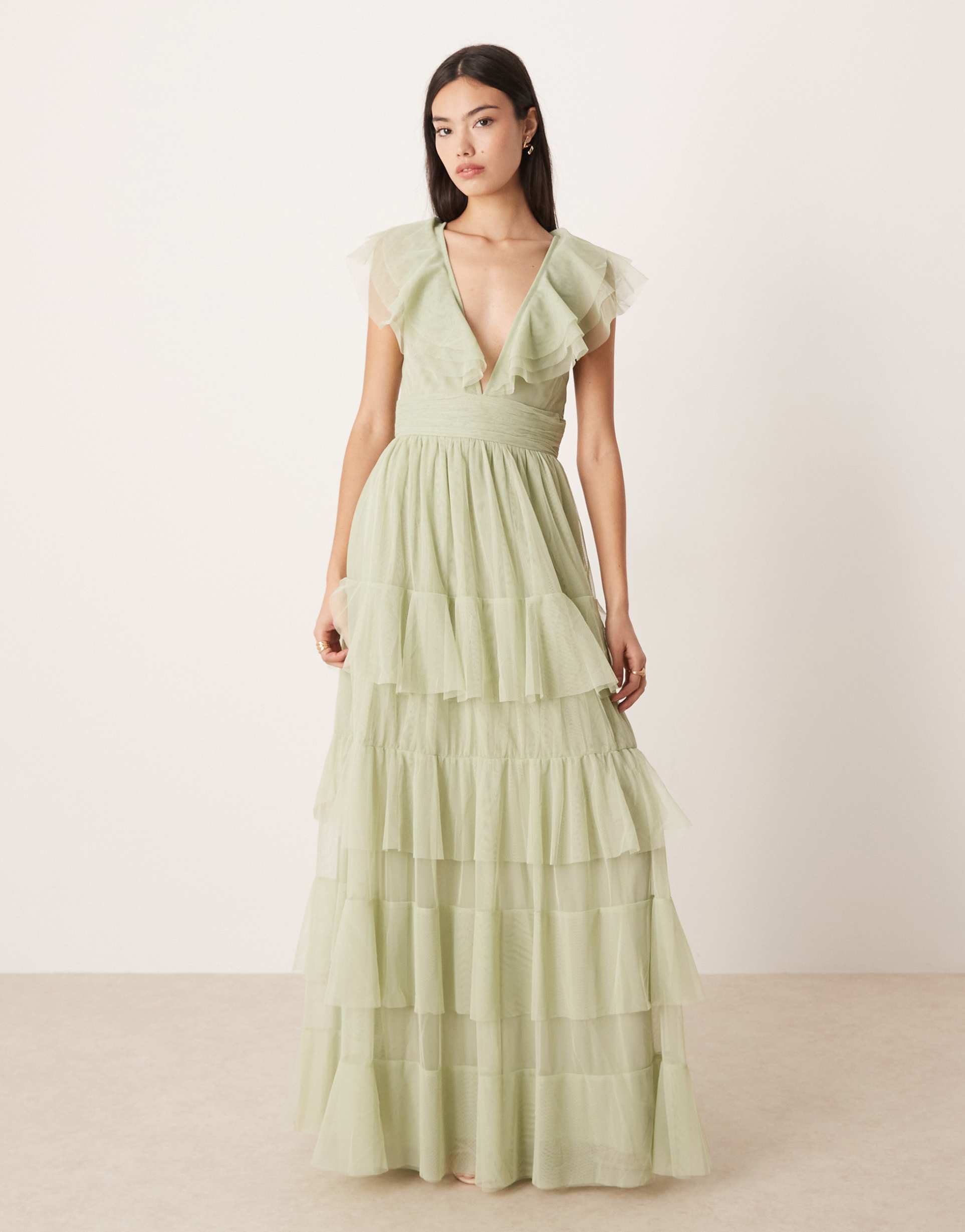 lace & beads bridesmaid tulle flutter sleeve tiered frill maxi dress in sage green