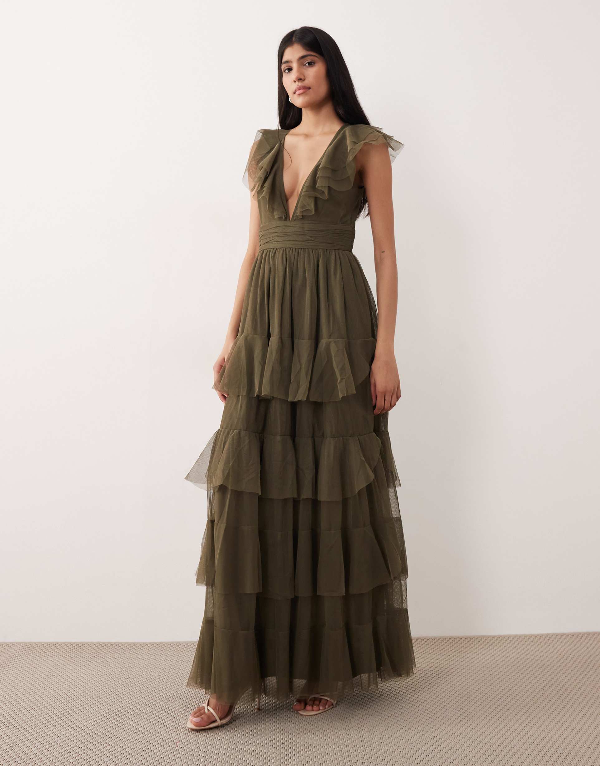 lace & beads bridesmaid tulle flutter sleeve tiered frills maxi dress in deep olive