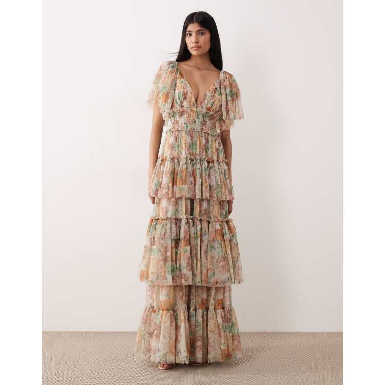 tan floral bridesmaid dress Lace & Beads tulle flutter sleeve tiered maxi in soft brown Size:L (US 12-14)