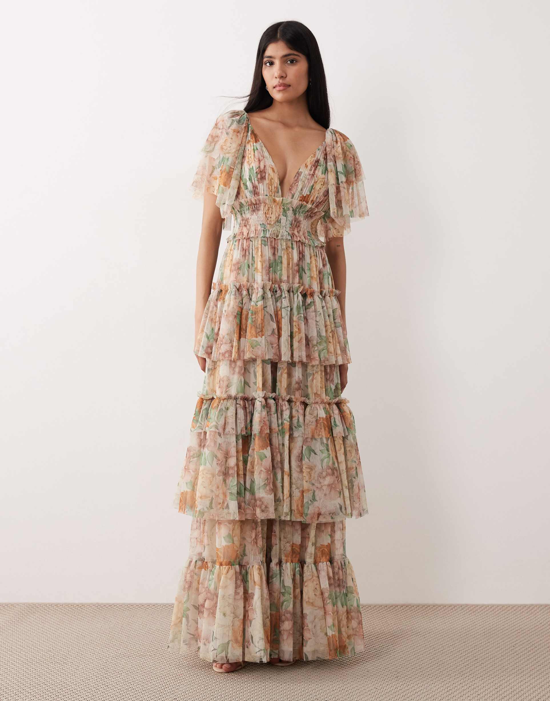 lace & beads bridesmaid tulle flutter sleeve tiered maxi dress in soft brown floral