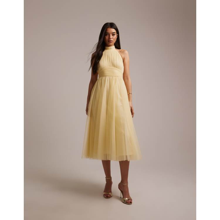 Lace & Beads Bridesmaid tulle halter neck midi dress in lemon | ASOS