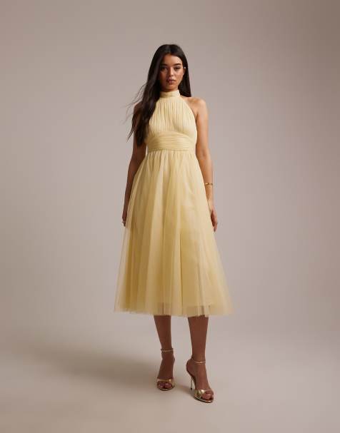 Lace & Beads Bridesmaid tulle halter neck midi dress in lemon