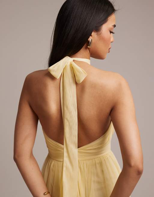 Lace & Beads Bridesmaid tulle halter neck midi dress in lemon, 3 of 5
