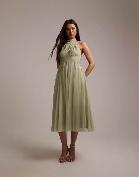 Lace & Beads Bridesmaid tulle halter neck midi dress in sage green - view 1