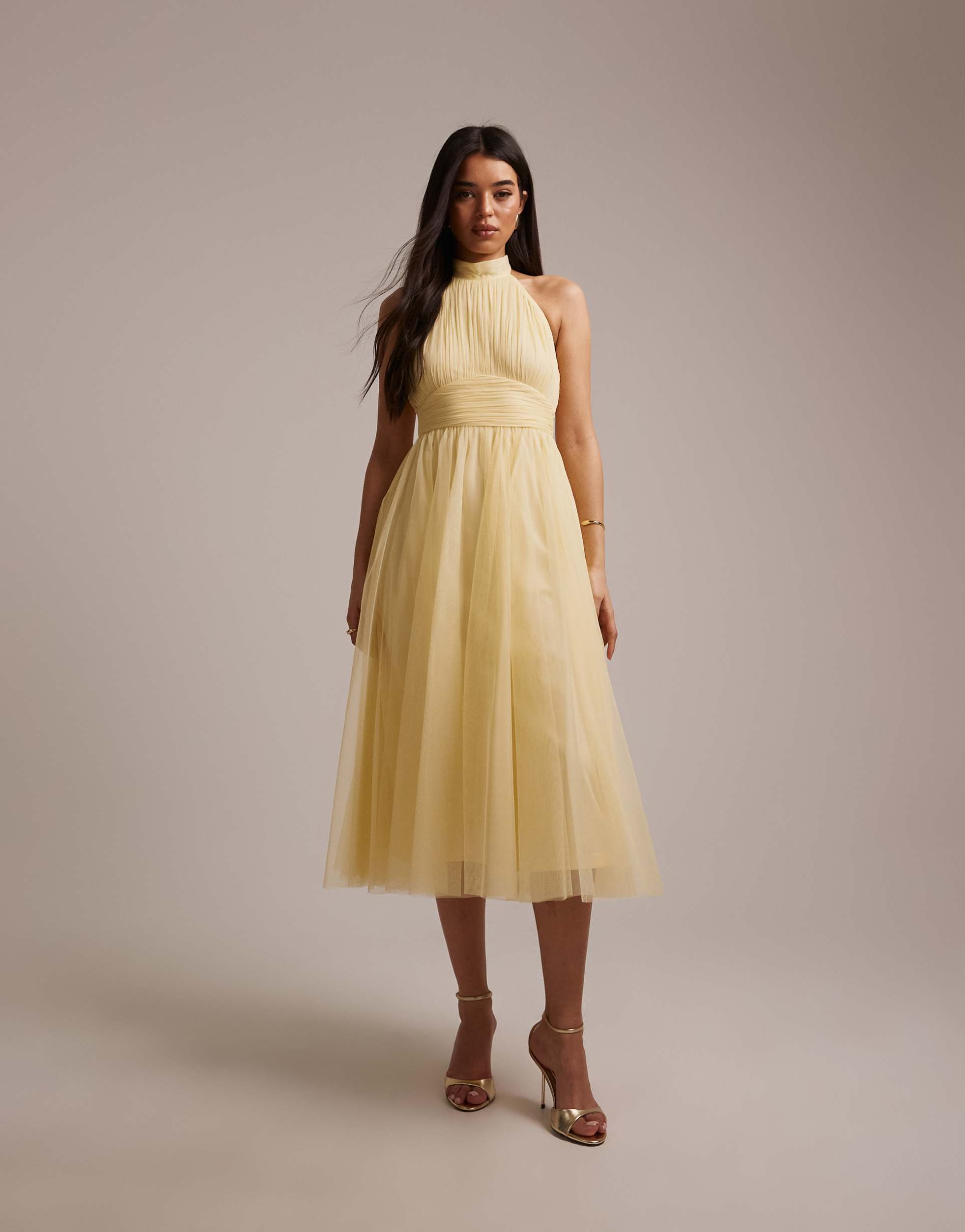 lace & beads bridesmaid tulle high neck midi dress in lemon