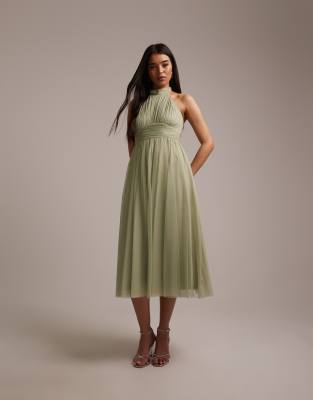 Lace & Beads Bridesmaid Tulle High Neck Midi Dress In Green