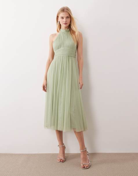 Lace & Beads Bridesmaid tulle high neck midi dress in sage green - view 1