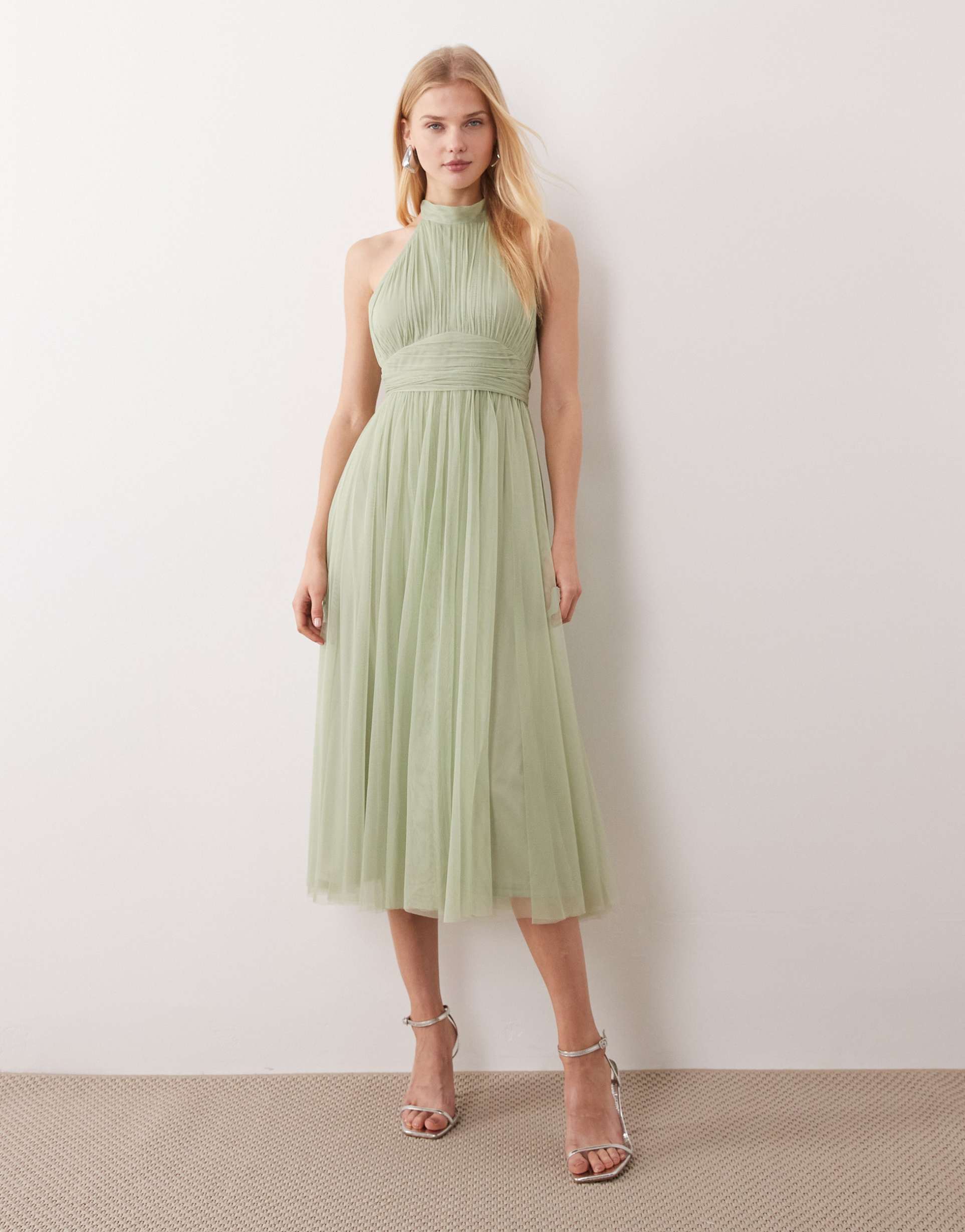 lace & beads bridesmaid tulle high neck midi dress in sage green