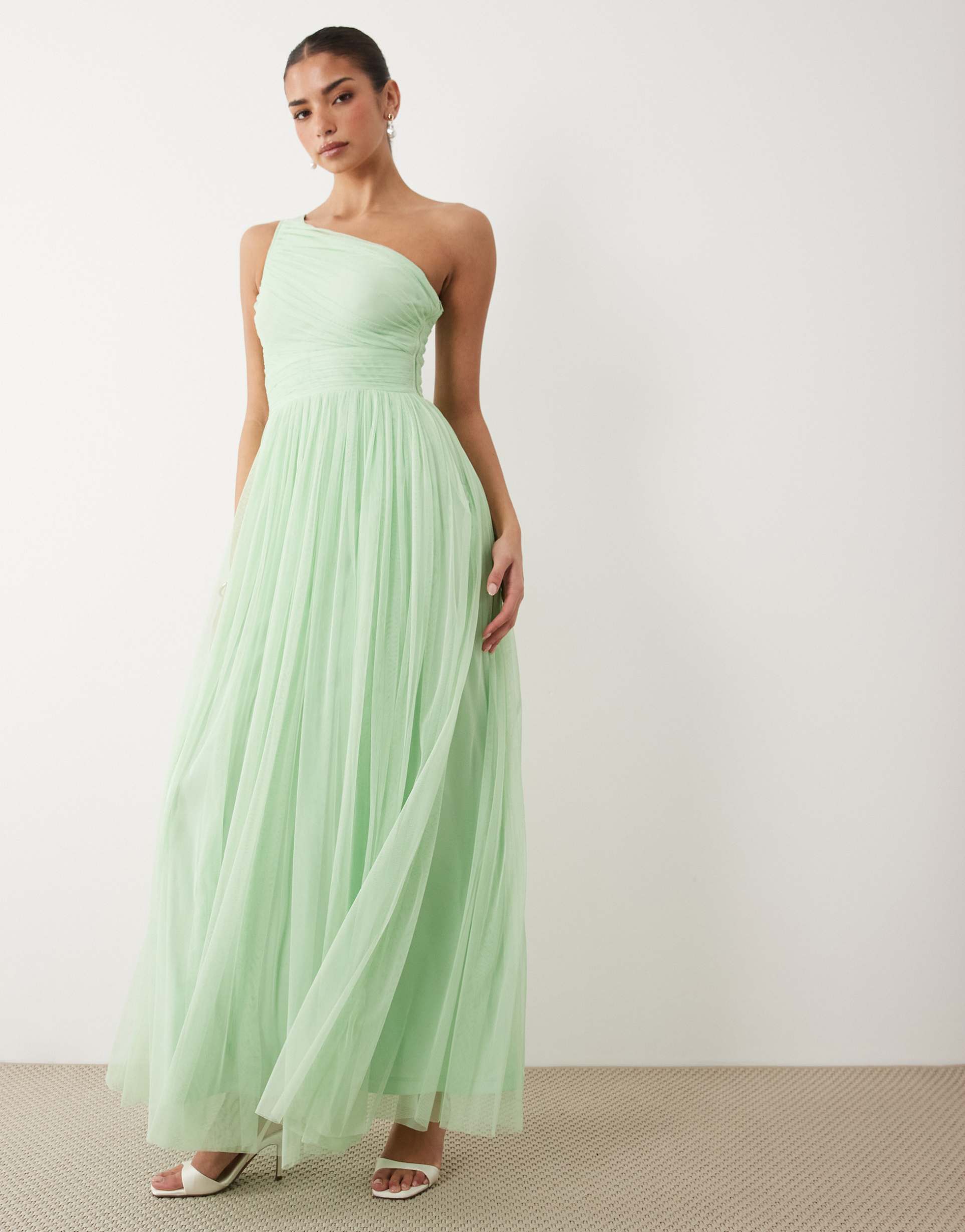 lace & beads bridesmaid tulle one shoulder fitted waist maxi dress in light sage