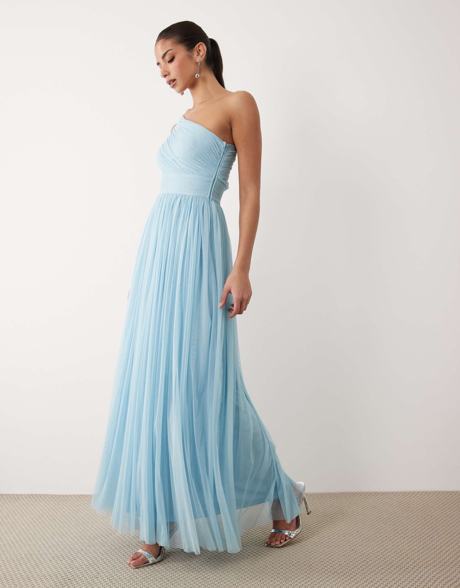 lace & beads bridesmaid tulle one shoulder fitted waist maxi dress in soft blue