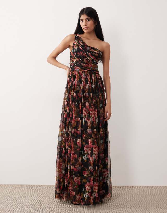 lace and beads bridesmaid dresses & tulle one shoulder maxi dress in black floral print Size:UK6 - (US2) Features include a structured Holly black girl prom luxury dresser