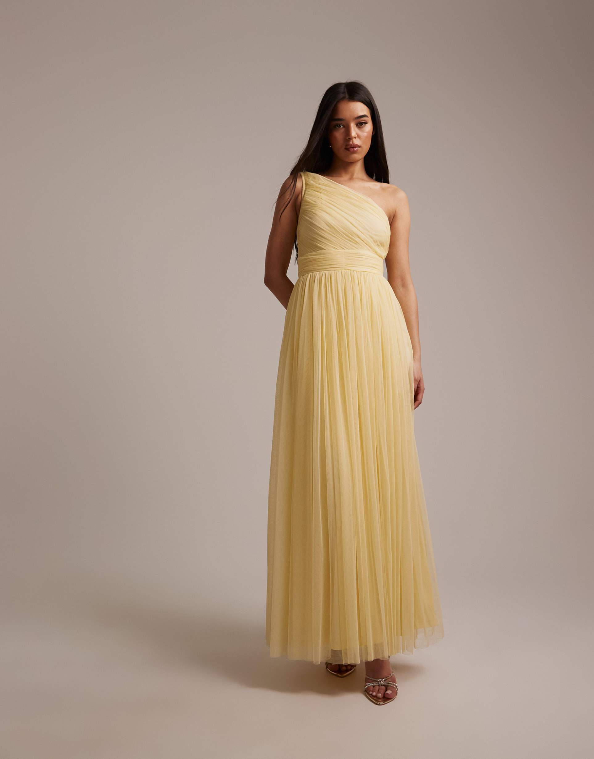 lace & beads bridesmaid tulle one shoulder maxi dress in lemon
